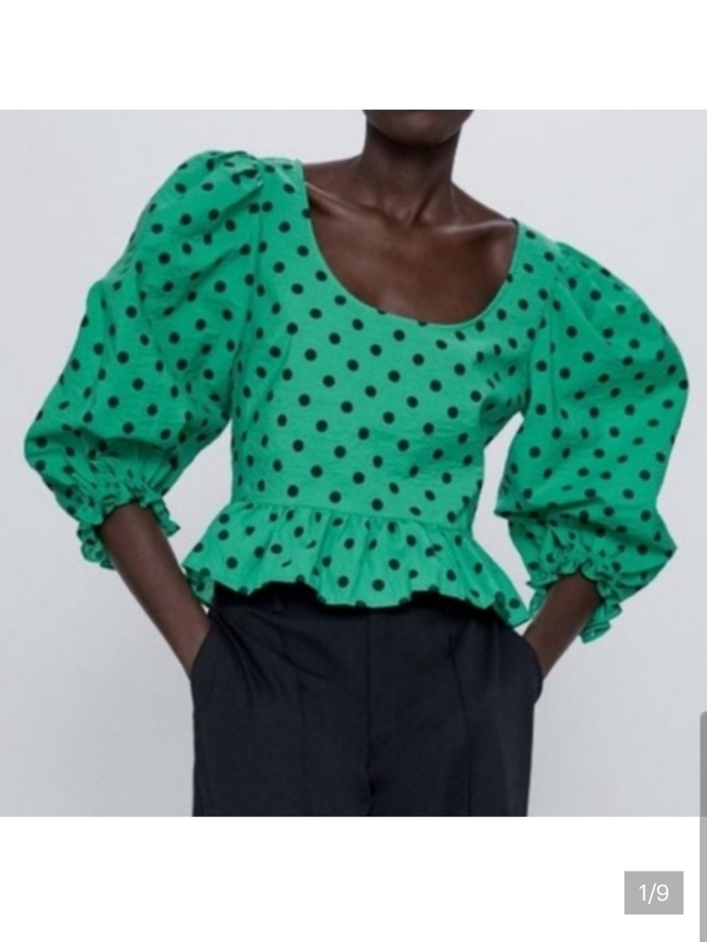 NWT Zara Kelly Green Polka Dot Puff Sleeve Peplum Blouse XSmall
